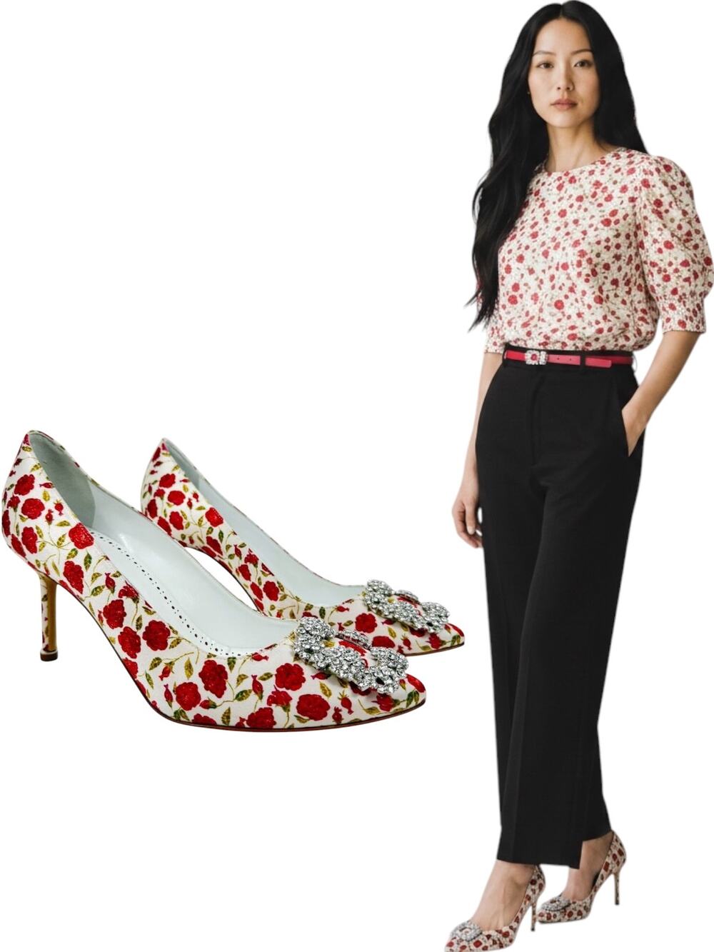 New Manolo Blahnik Floral Hangisi Crystal Pumps White Size 38